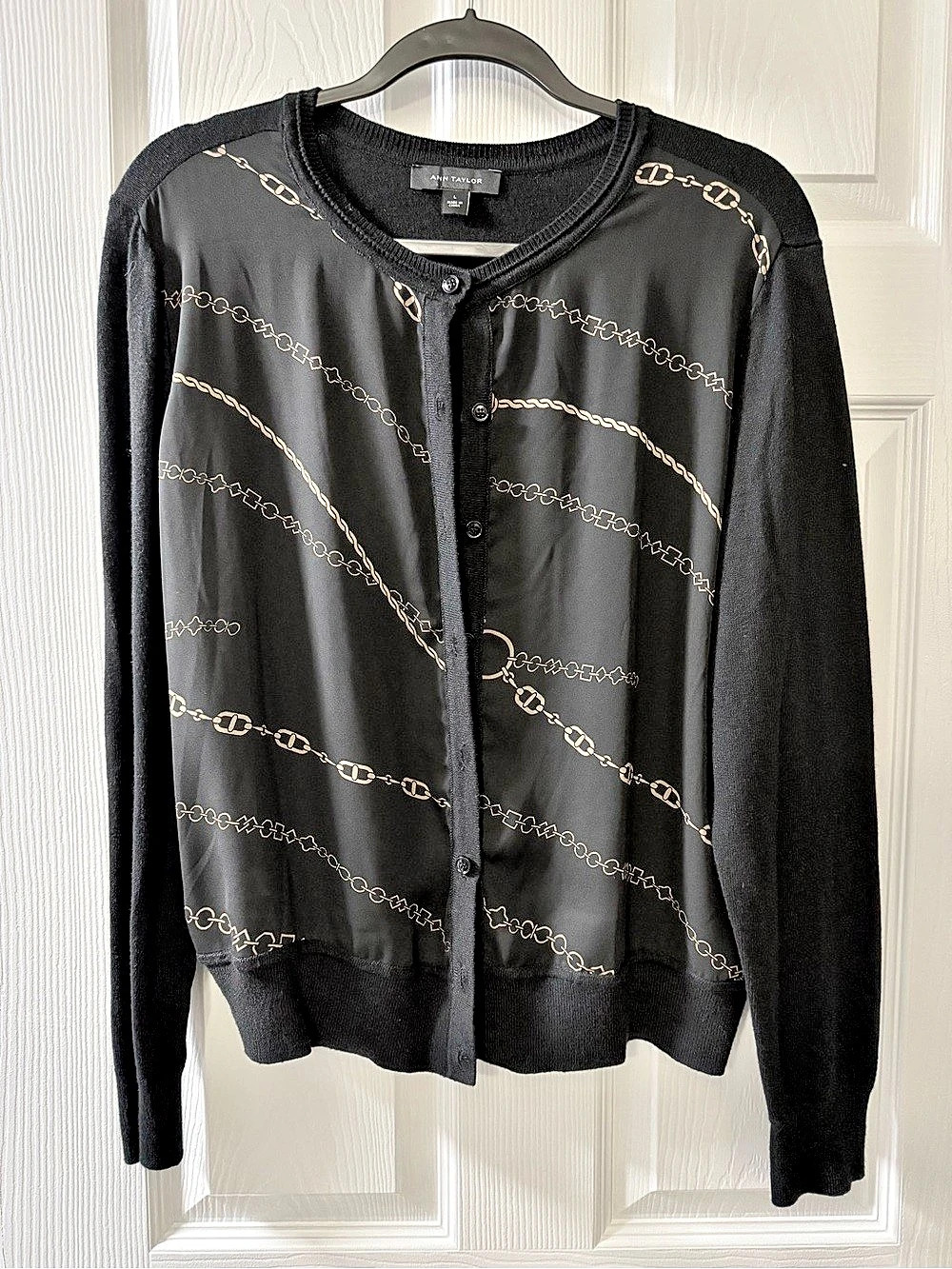Ann Taylor Black & Gold Chain Pattern Cardigan Size Large